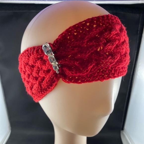 Hand knit red merino wool blend headband and pin - Picture 1 of 6